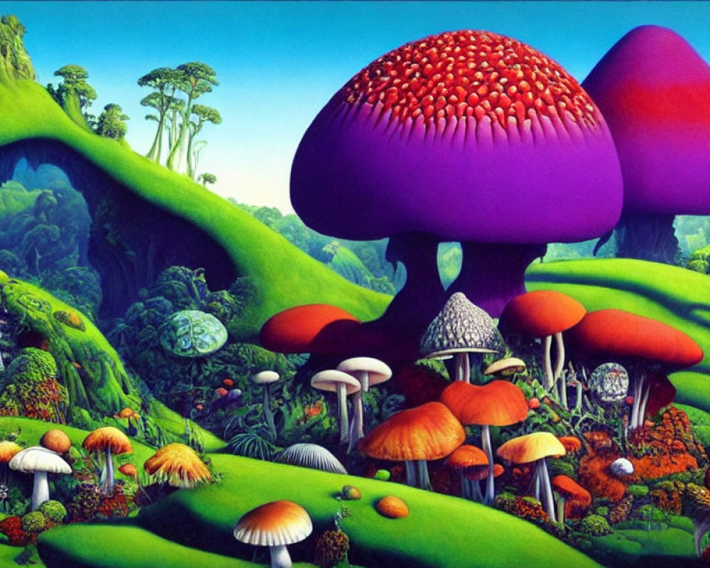 Colorful illustration of oversized mushrooms in lush landscape