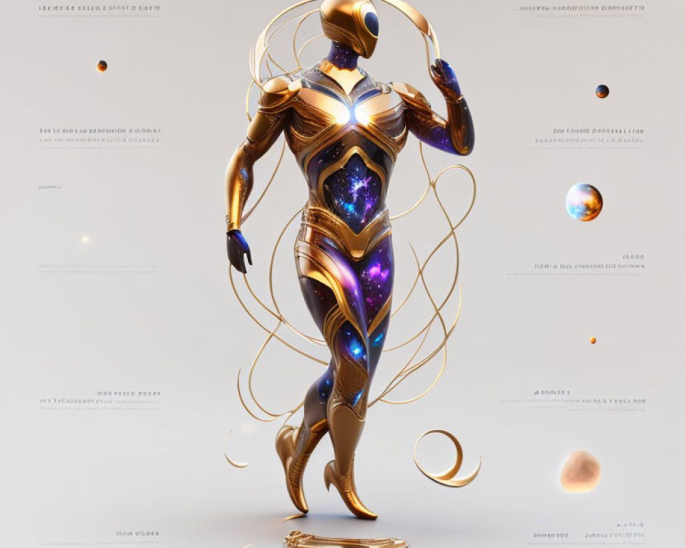 Golden futuristic suit with cosmic patterns and orbs on light background