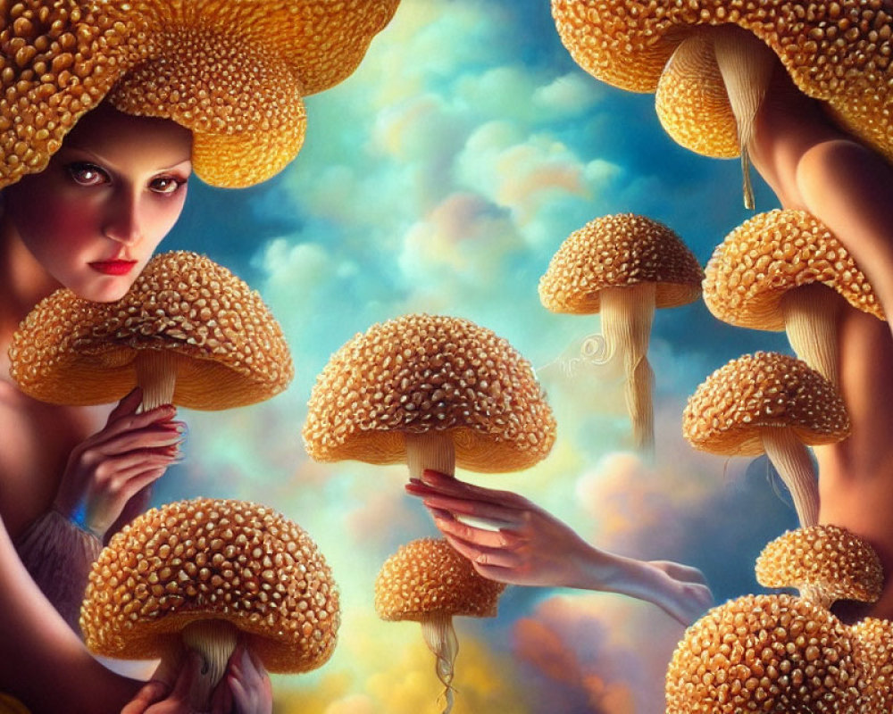 Surreal painting of person with oversized mushrooms in dreamy sky