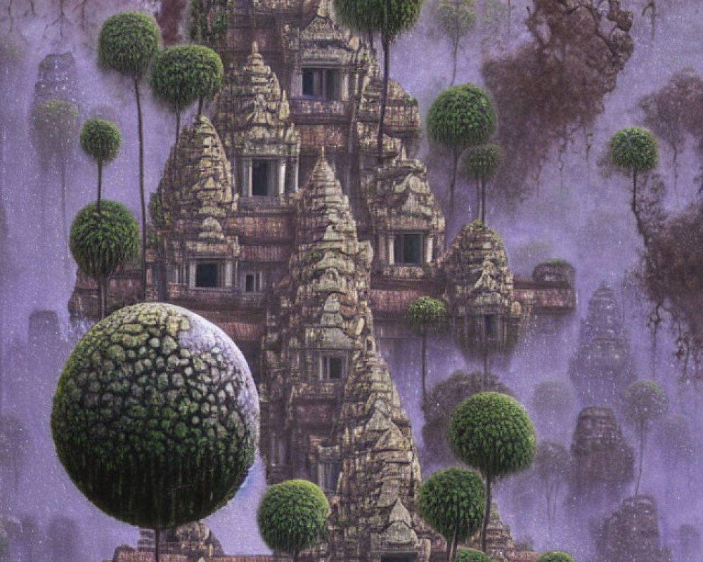 Surreal artwork: Floating tree-covered sphere, ancient temple ruins, robed figures, under over