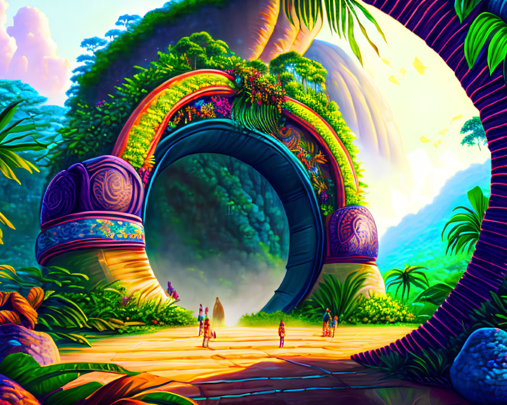 Colorful Jungle Gateway Illustration with Figures on Golden Pathway