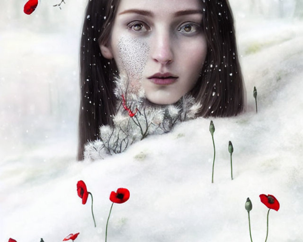 Surreal portrait: Woman's face merges with snowy landscape, red poppies, frost-covered plants