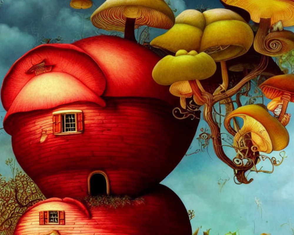 Surreal red apple house on mushroom tower in whimsical artwork