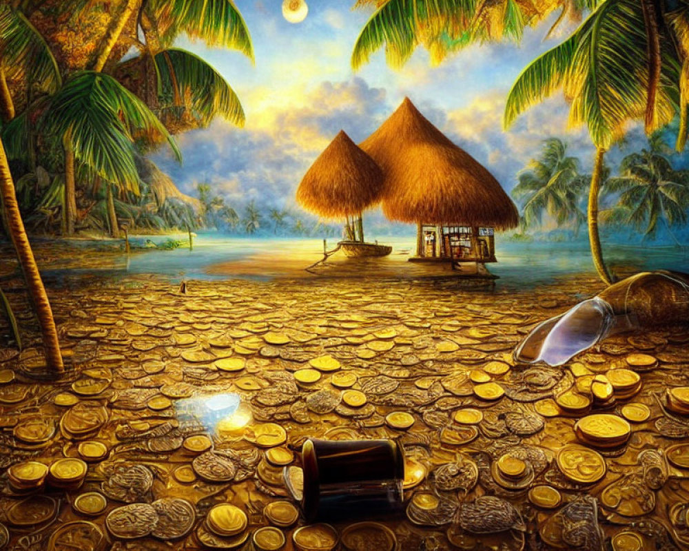 Tropical beach sunset with palm trees, huts, boat, treasures, and message in a bottle