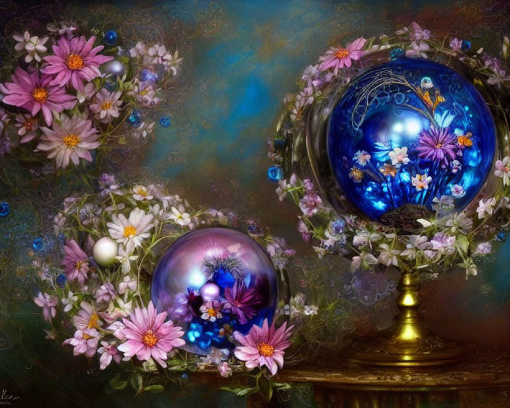 Ethereal still life: Large and small crystal balls with pink flowers on blue background