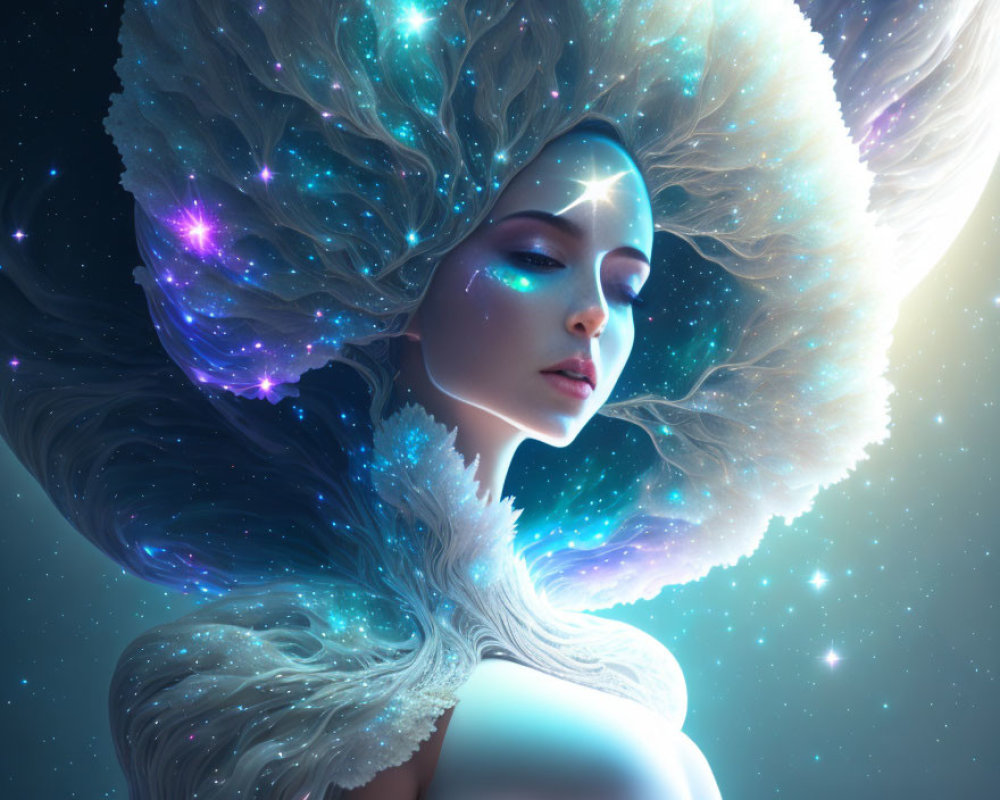 Cosmic-themed portrait of a serene woman with nebula-like hair and glowing skin against a galactic