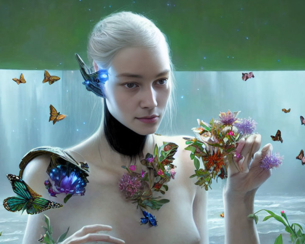 Fantasy-themed artwork: Pale woman with pointed ears, butterflies, flowers, waterfall