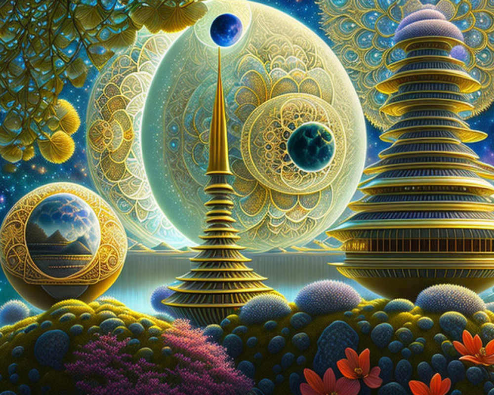 Fantastical landscape with ornate towers and celestial orbs