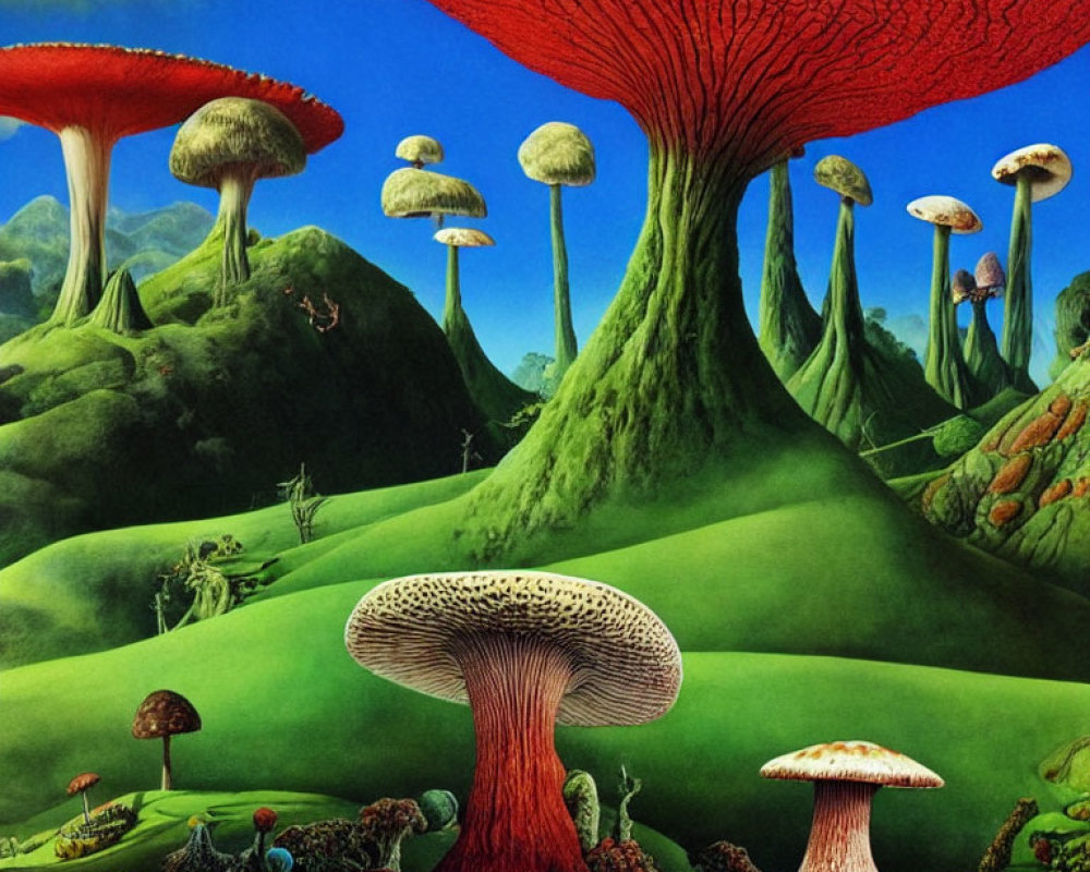 Fantastical landscape with oversized mushrooms in vibrant illustration