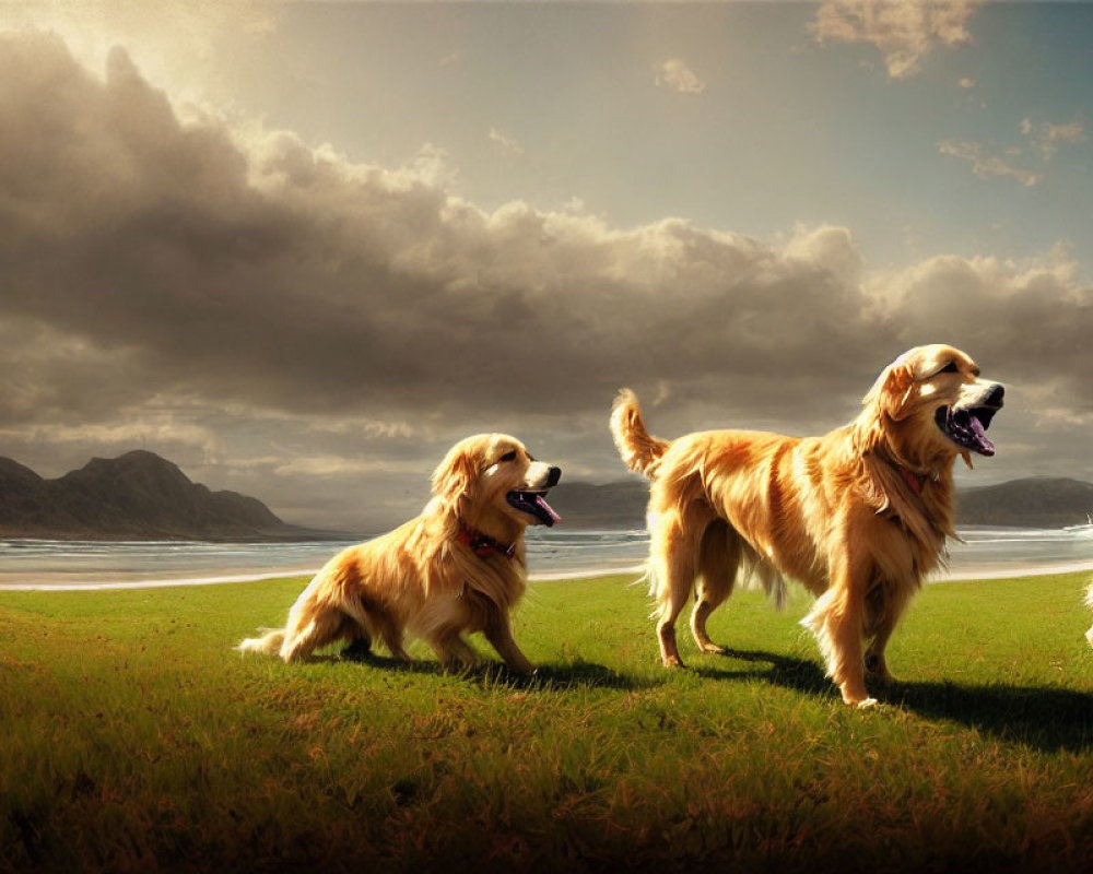 Three Golden Retrievers Playing on Green Field with Mountain Backdrop