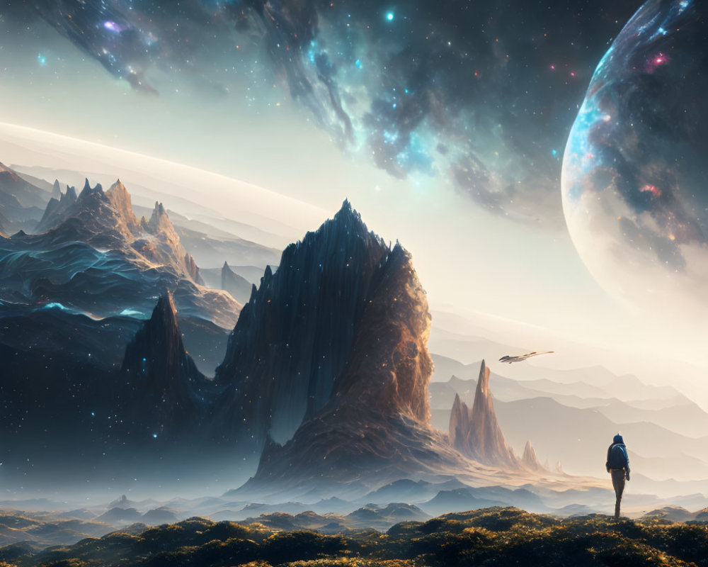 Figure on grassy alien landscape with mountains, planets, and nebula