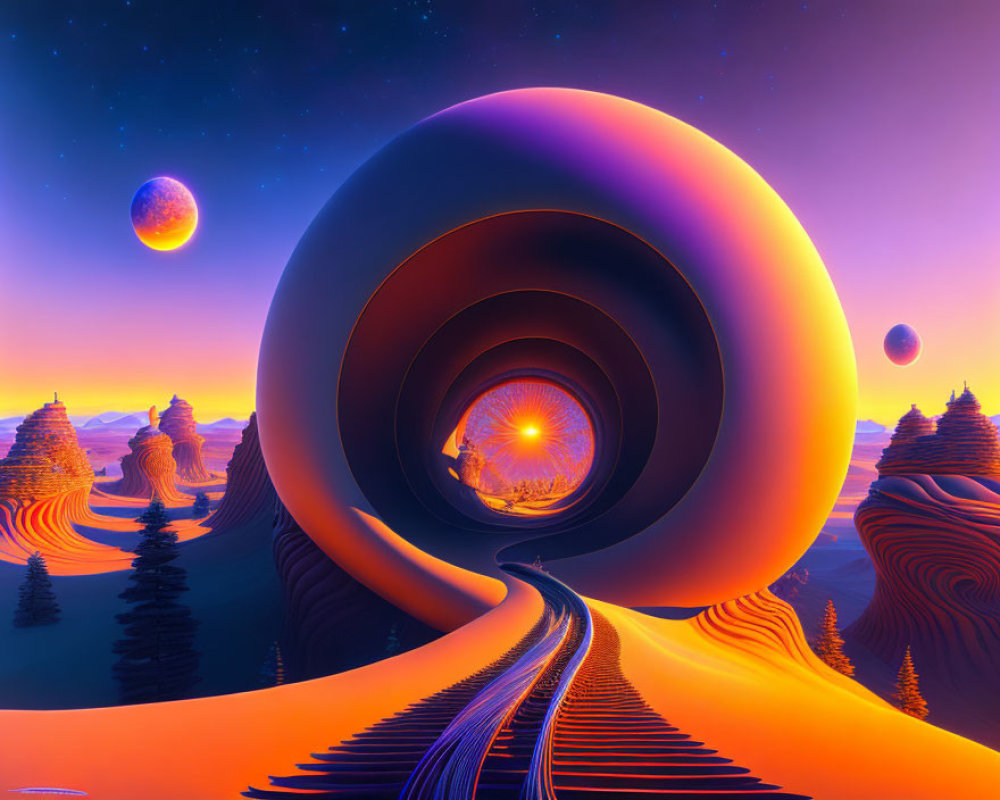 Vibrant surreal landscape with spiral structure and planets.