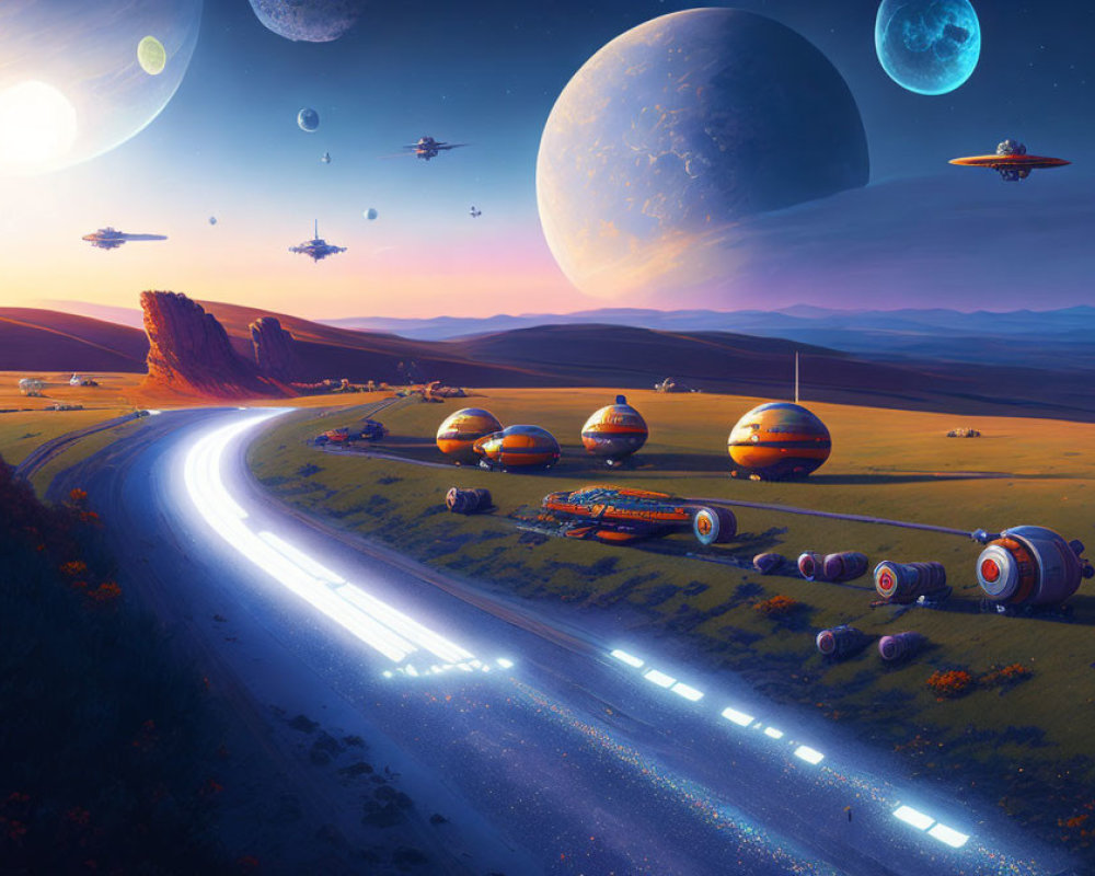 Futuristic landscape with glowing highway, spherical habitats, spaceships, and celestial bodies