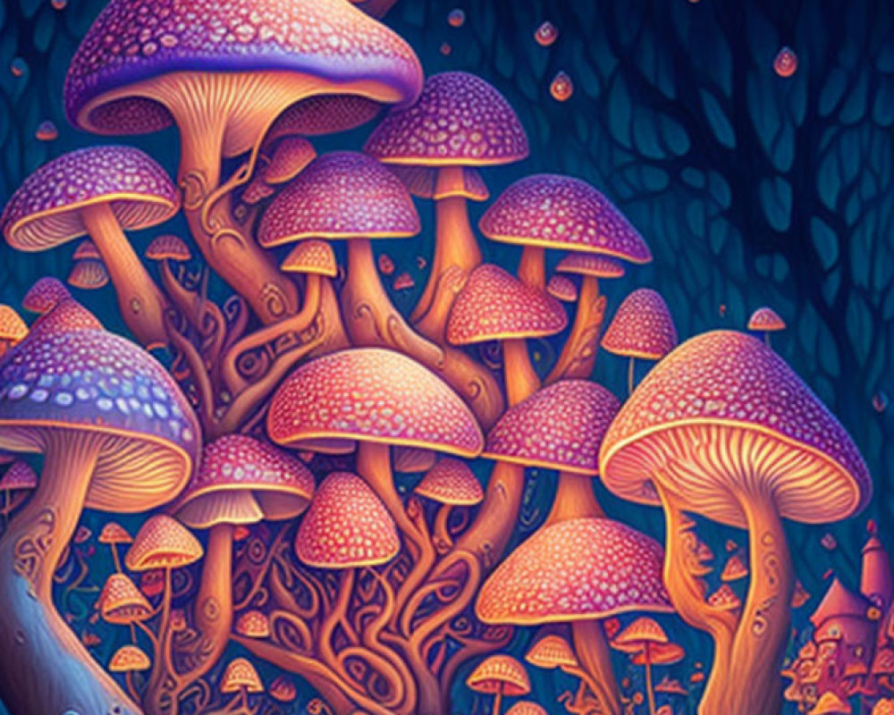 Vibrant Purple and Orange Mushroom Illustration on Dark Background