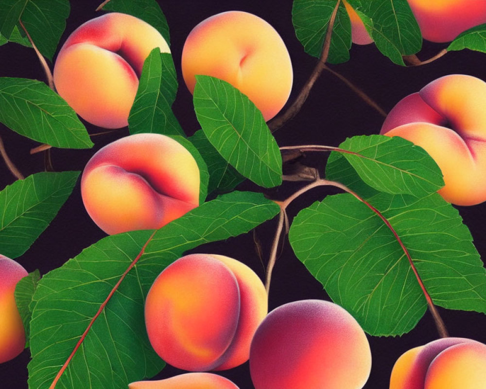 Vibrant orange and red peaches on branches with green leaves