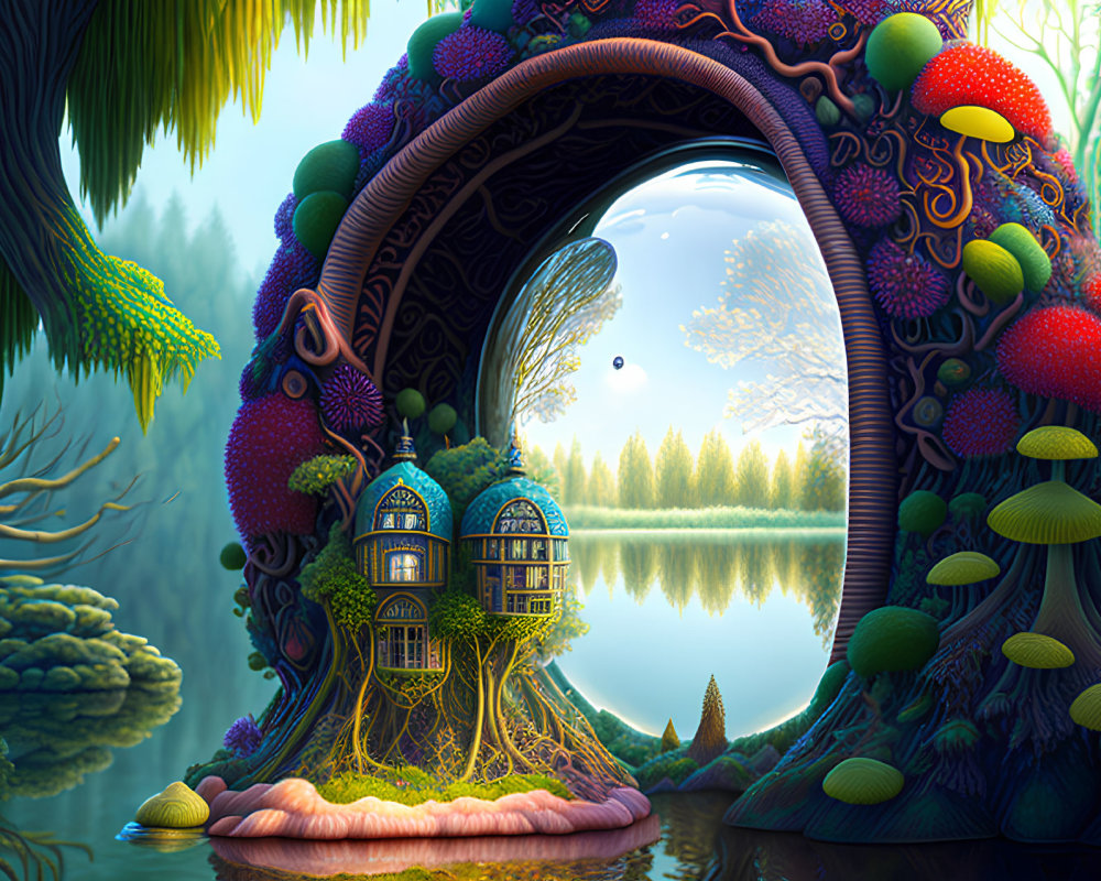 Colorful Mushroom Archway, Whimsical Treehouse & Tranquil Lake in Fantasy Landscape