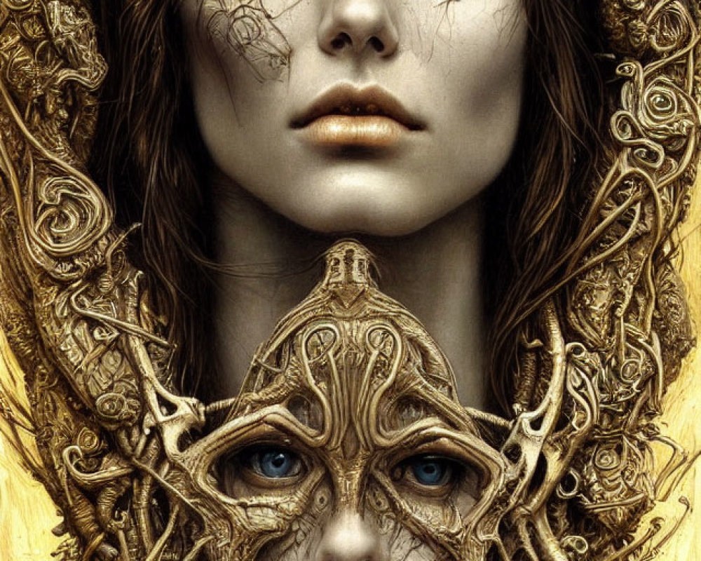 Digital artwork: Woman with blue eyes, golden patterns, mirrored face.