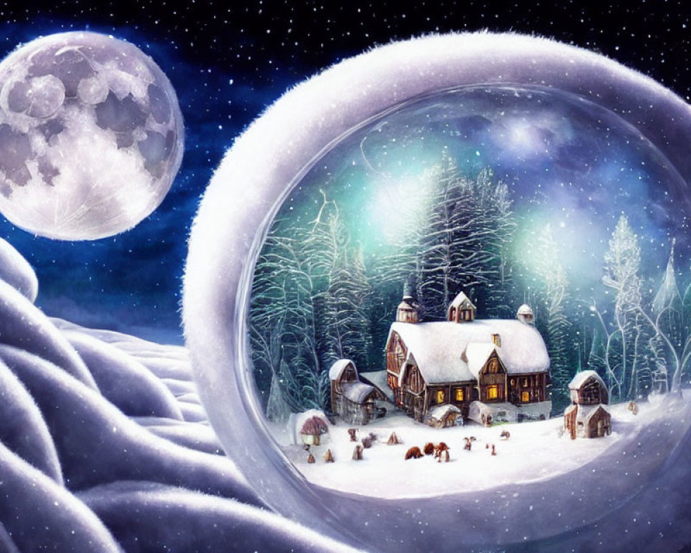 Winter Snow Globe with Cozy Cottage, Moon, and Auroras