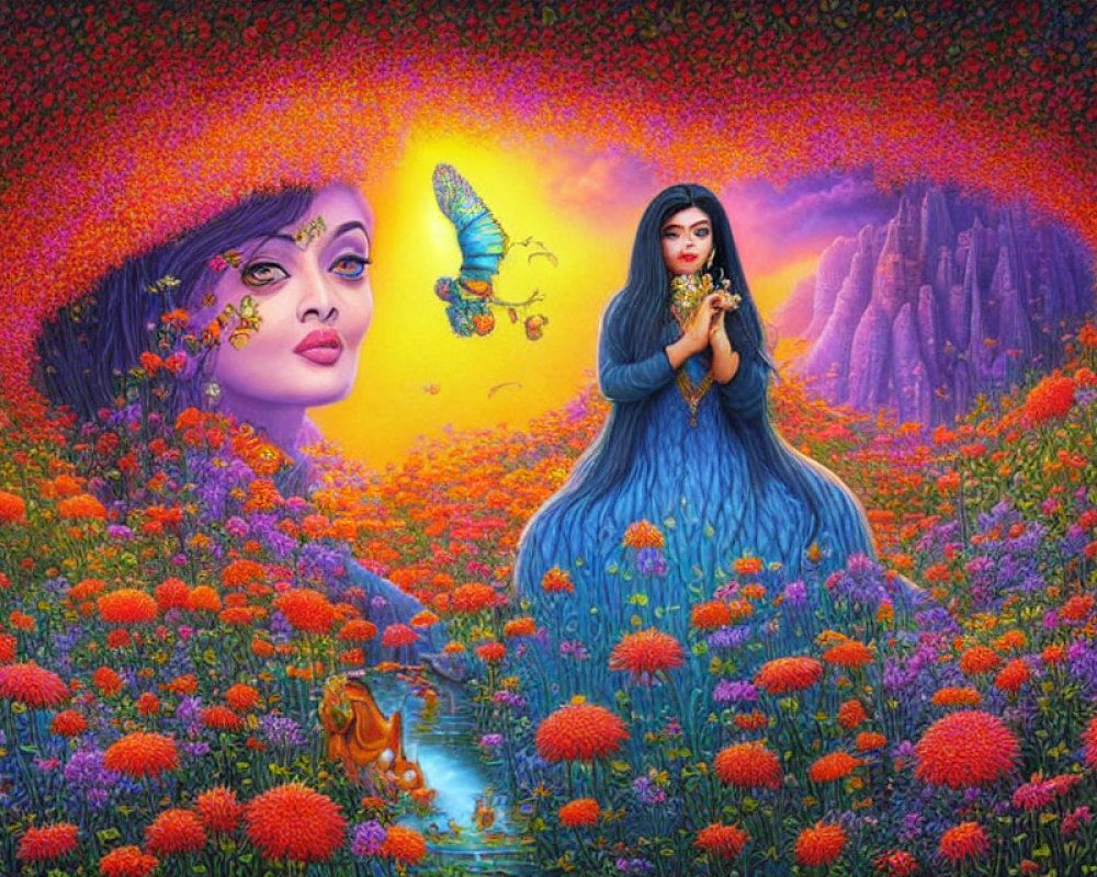 Artwork of woman in blue dress in flower field with butterfly, surreal face, and mountains.