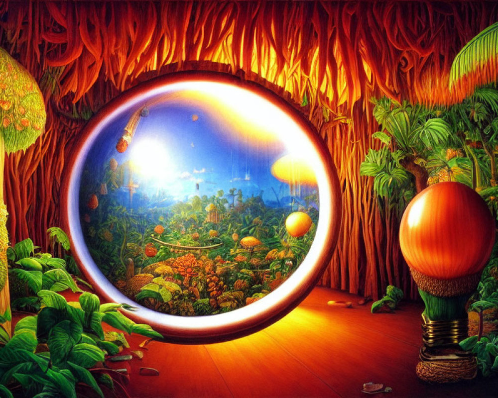 Colorful surreal artwork: round portal, lush landscape, giant fruits