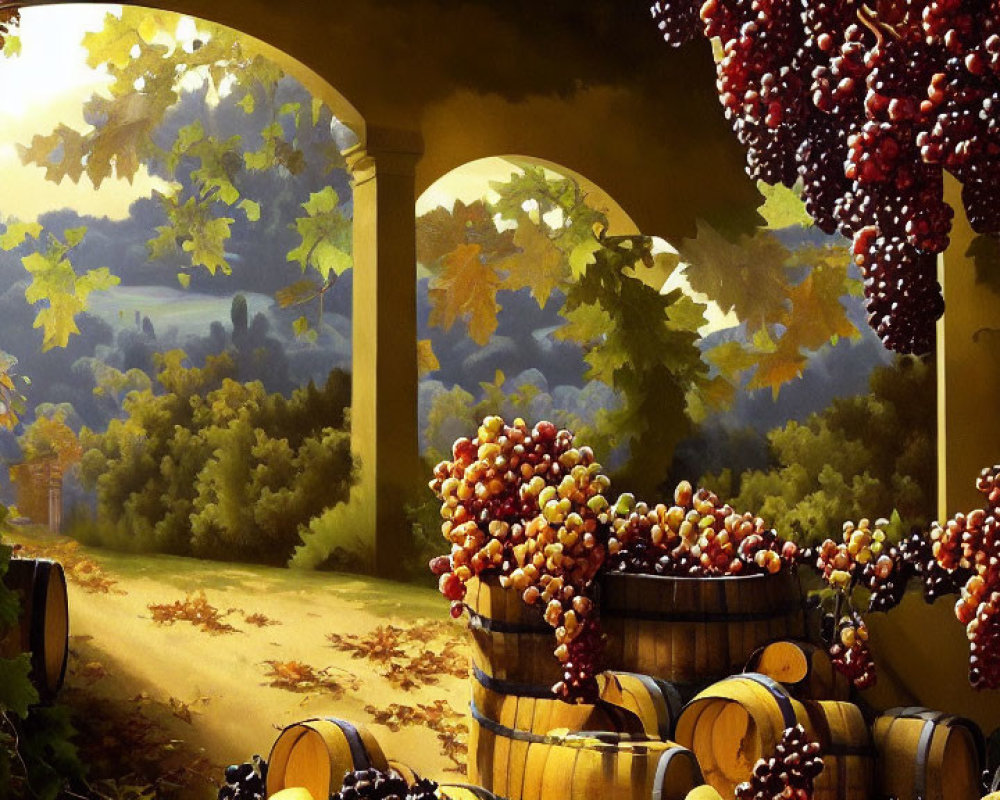 Vibrant vineyard scenery with ripe grapes, barrels, and arched pathways in golden light.