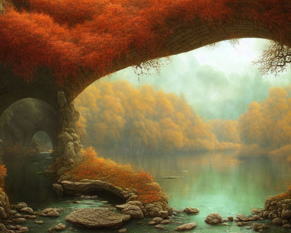 Stone arch bridge over tranquil river with autumn trees and mist