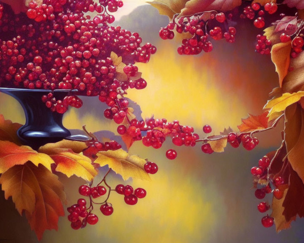 Colorful Still Life: Red Berries in Black Vase Amid Autumn Leaves