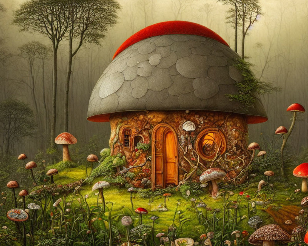 Whimsical mushroom house illustration in misty forest