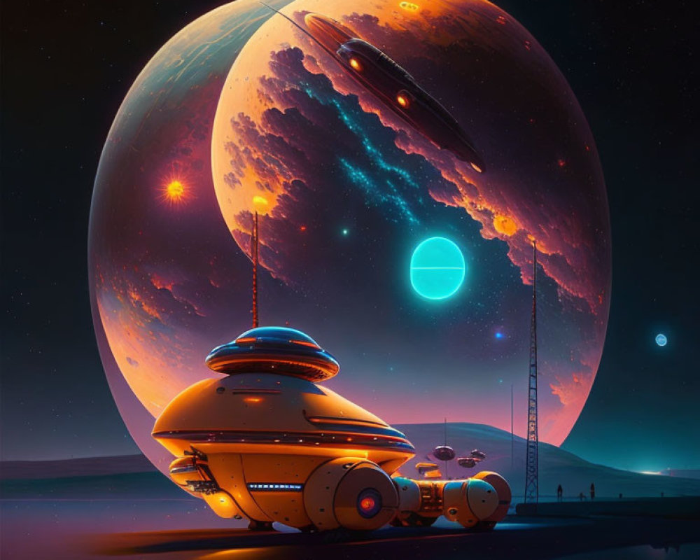 Futuristic landscape featuring large spaceship, planet, moon, and stars