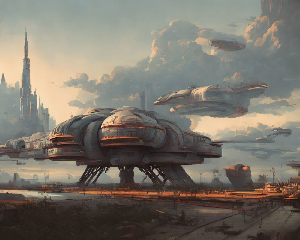 Futuristic cityscape with towering spires and floating ships