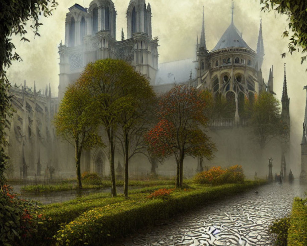 Gothic cathedral in misty autumn forest scene