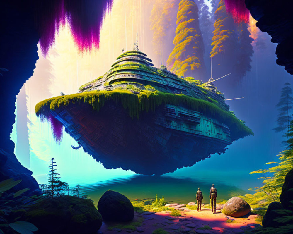 Overgrown spaceship in mystical forest with two figures