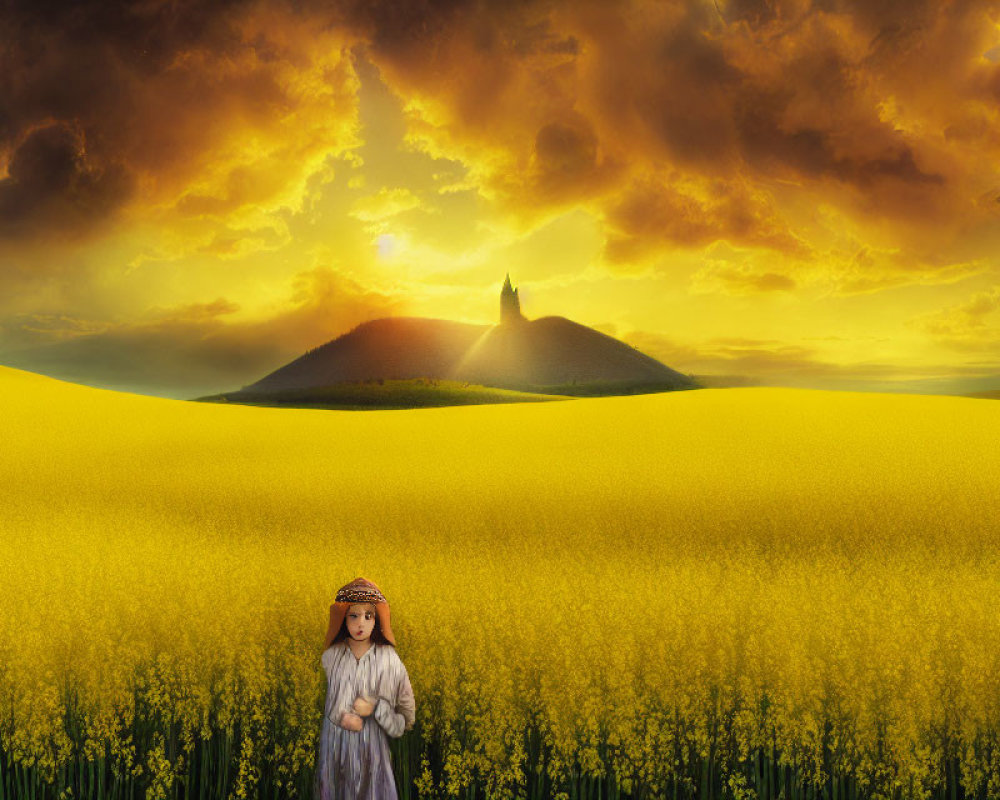 Young girl in yellow flower field at sunset with lone hill and structure