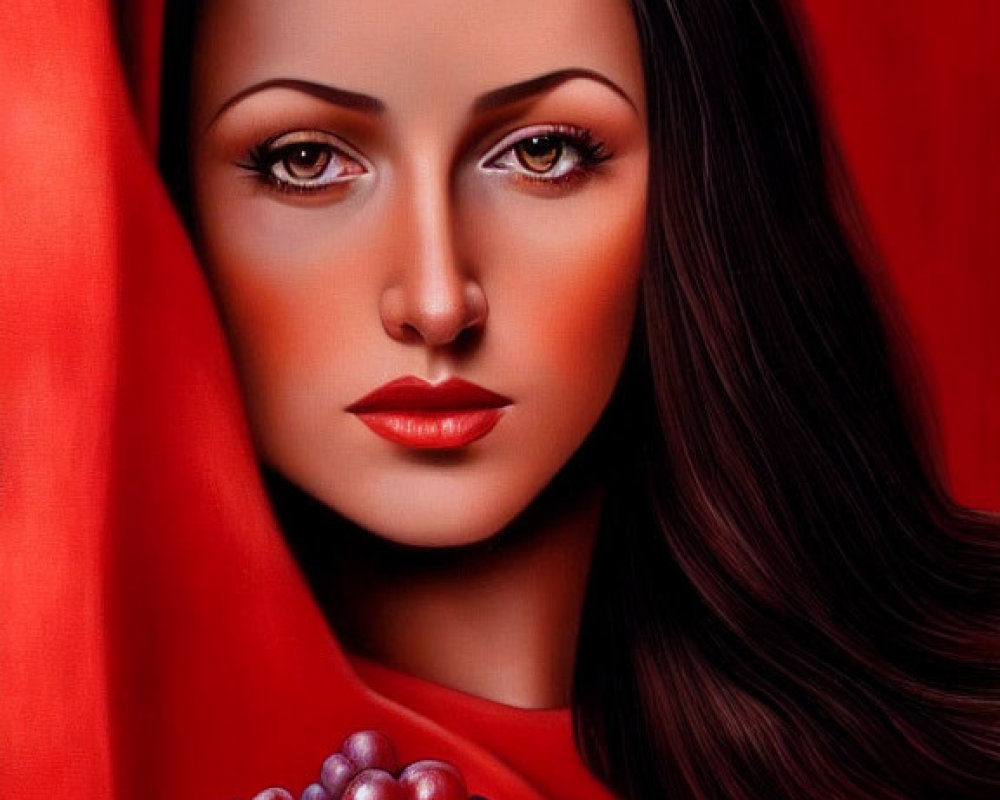 Portrait of woman with dark hair, fair skin, red cloak, holding grapes