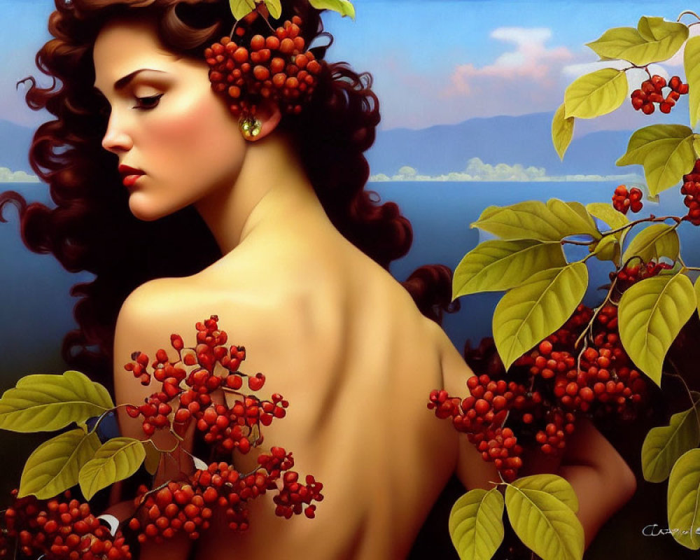 Dark-Haired Woman with Red Berries in Nature Portrait