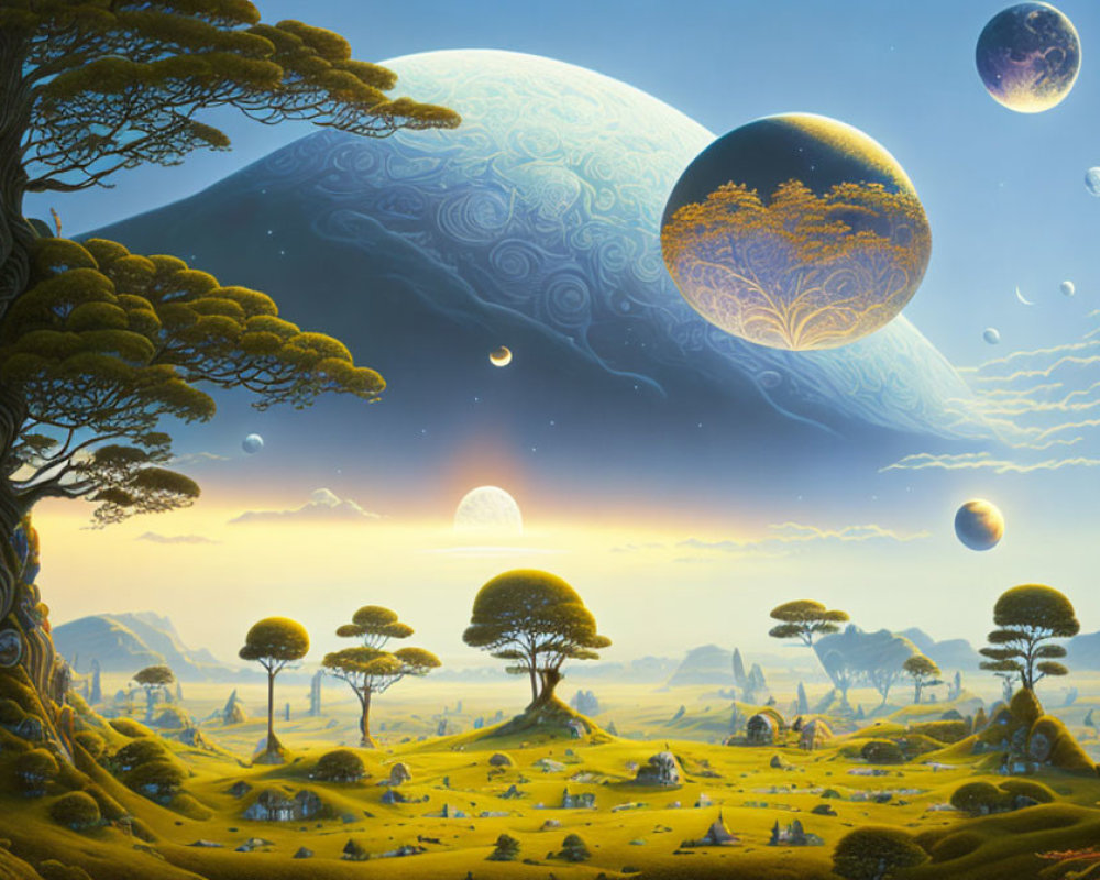 Fantasy landscape with whimsical trees, green fields, and multiple moons.