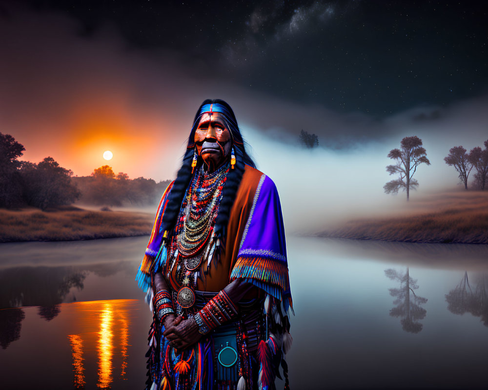 Native American person in ornate attire by serene lake at dusk.