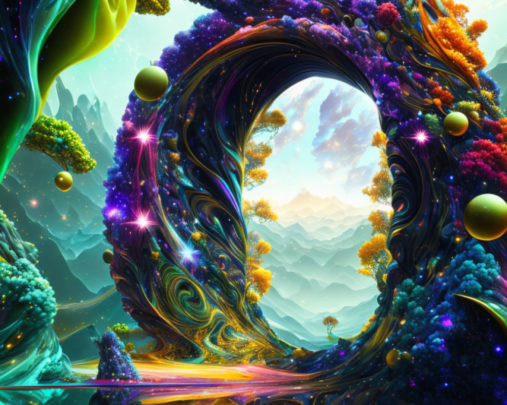 Vivid digital artwork: Swirl-shaped portal, floating orbs, and mountain landscape.