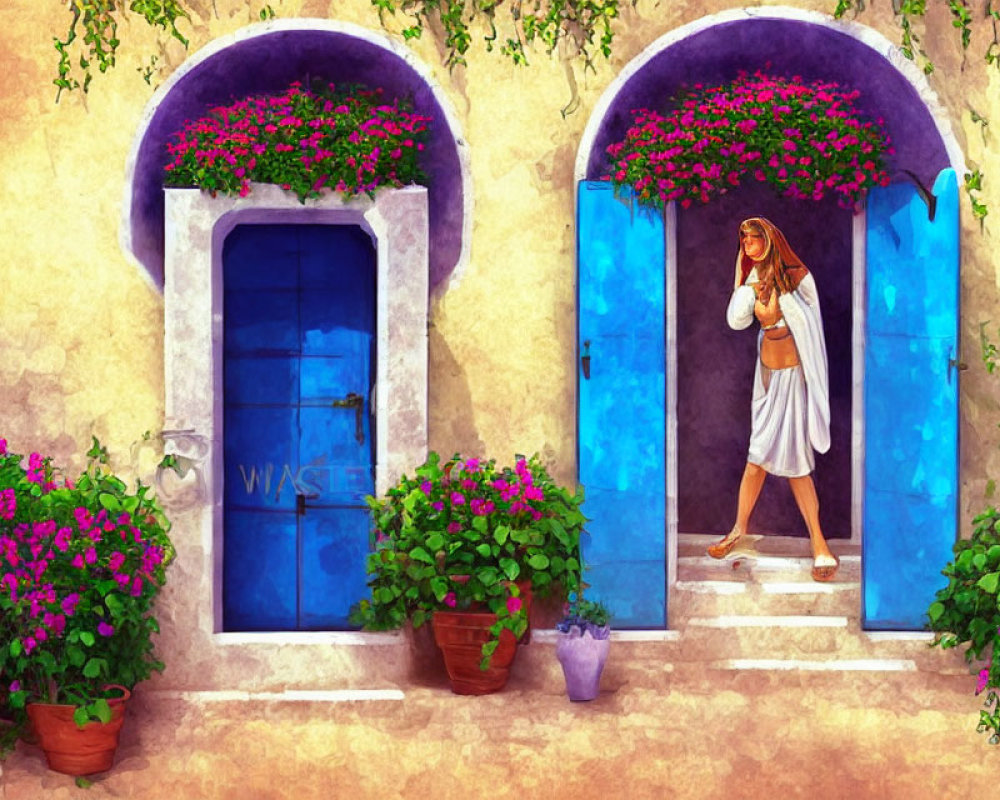 Woman in White Dress Walking in Sunny Courtyard with Blue Doors and Pink Flowers