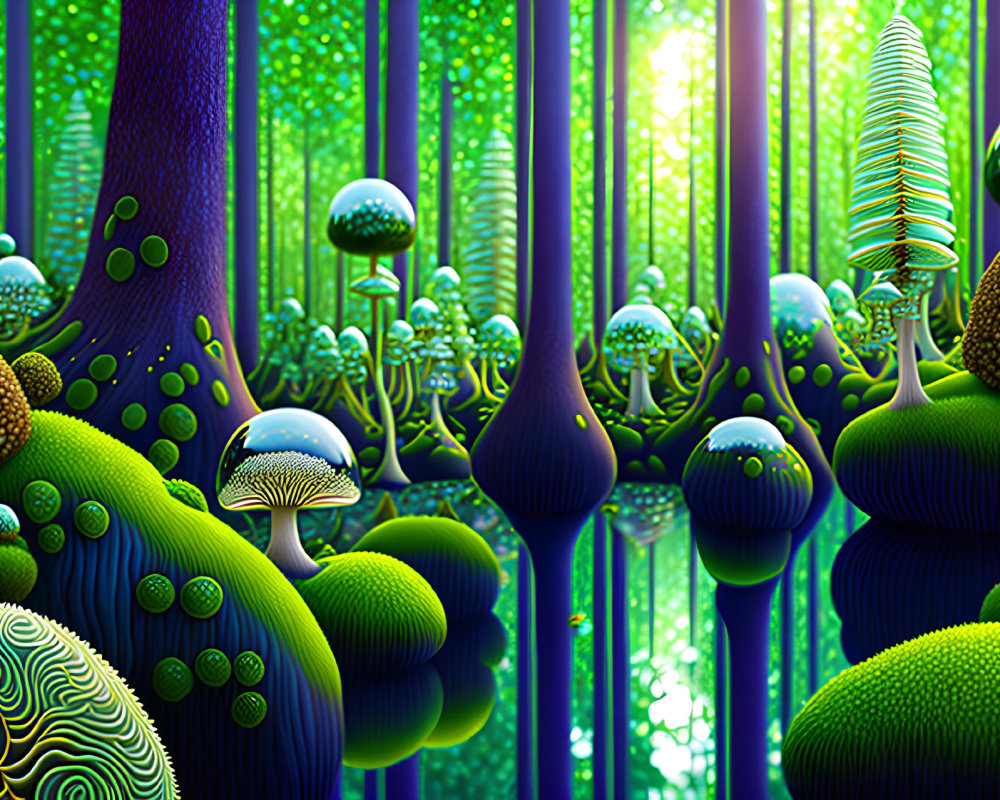 Colorful digital art: Whimsical forest with stylized trees and mushrooms