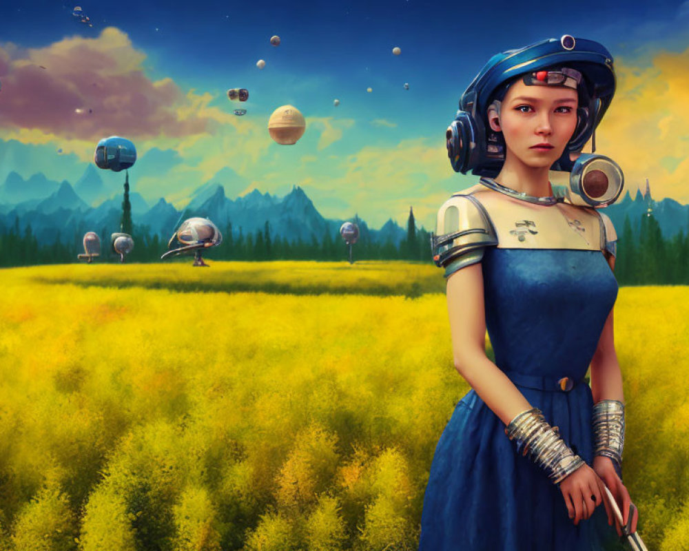 Futuristic young woman in field with orbs, spacecraft, and multiple planets in sky