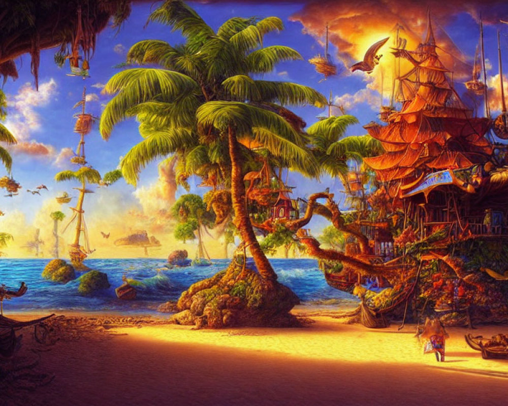 Tropical beach scene with ship treehouse, palm trees, blue waters, person in red cloak