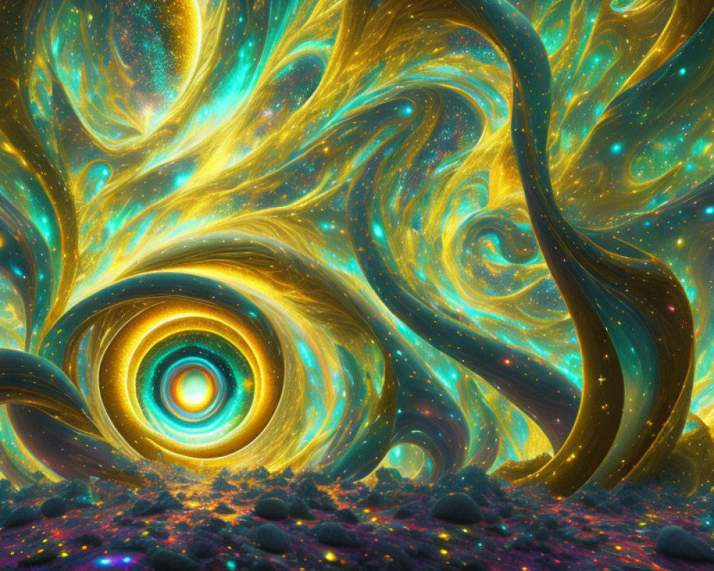 Vibrant digital art: swirling gold and blue cosmic patterns