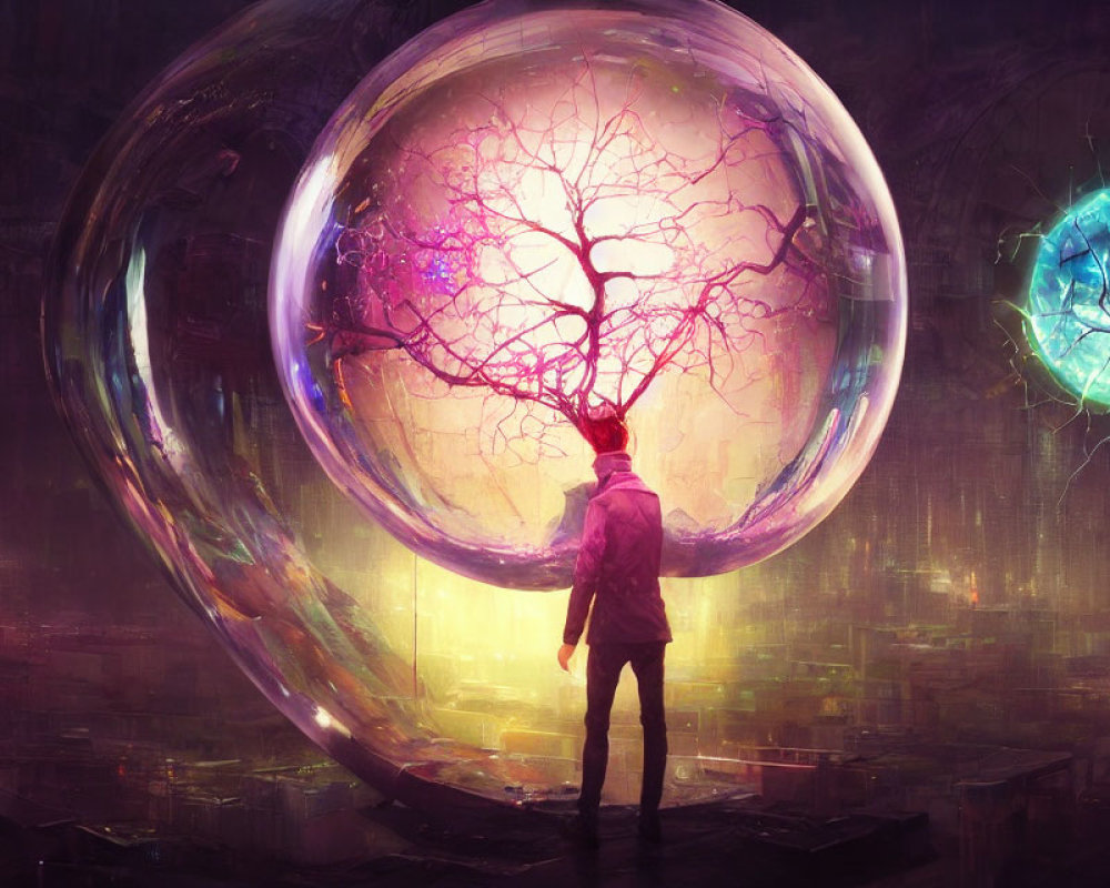 Person standing before large glowing orb and purple tree with cityscape in background