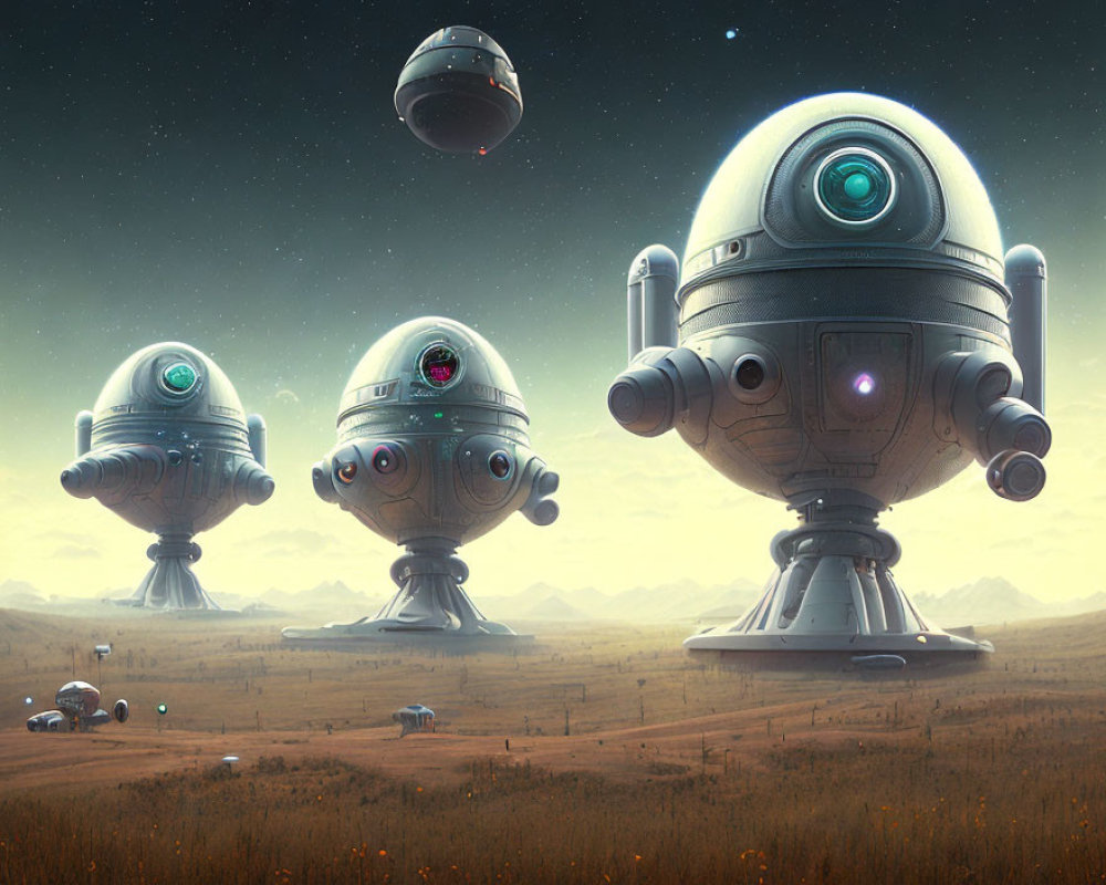 Futuristic robots with spherical bodies in grassy field scenery