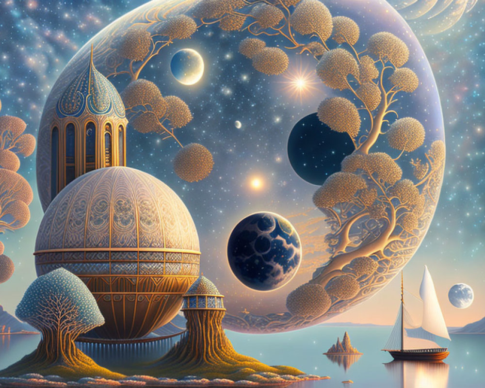 Fantastical landscape with domed structure, celestial sky, and sailing boat