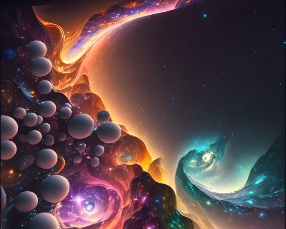 Vibrant digital art: Cosmic scene with galaxies, nebulae, light ribbons, and