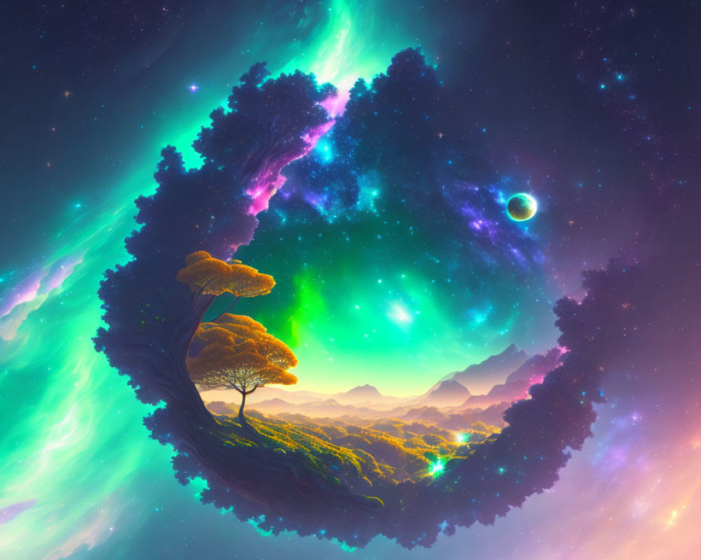 Vibrant cosmic landscape with nebulae, stars, tree-lined surface, and distant planet.