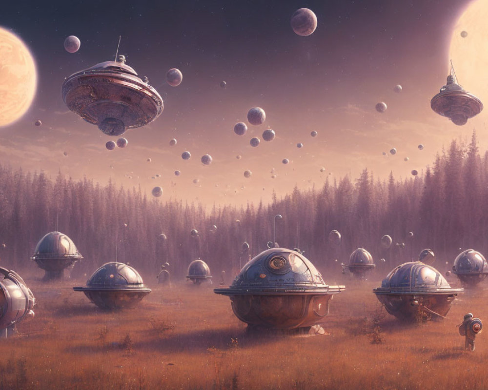 Surreal landscape with floating alien spacecrafts above misty forest