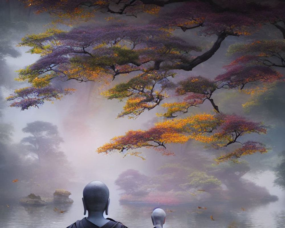 Mystical landscape: Two monks meditate by serene lake
